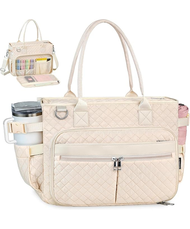 FIORETTO Teacher Tote Bag for Women with Laptop Compartment, Large Cup Holder, Zip Closure, Ideal for Work, Bible, Nurse