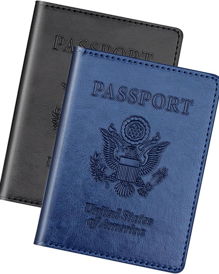 Herain Black & Dark Blue Passport Holder for Travel, Passport Cover Wallet Case 2 Pack Women Men Family Cruise Ship Essentials, Passports Book Holders Travel Vacation Must Haves
