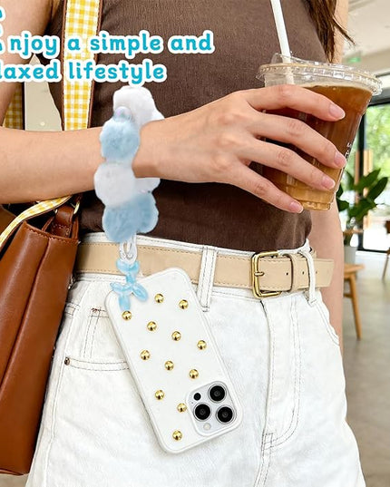 2 Pcs Phone Charm Wrist Strap with Tether Tab, Double Anti Lost Fluff Ball Beaded Wrist Lanyard, Detachable Leather Phone Charms for Bag, Key Chains, Camera Decor