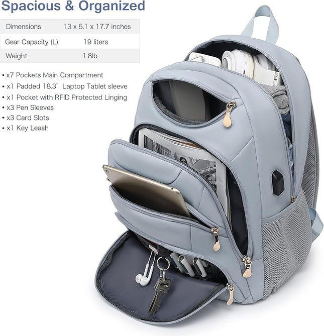 Boavan Laptop Backpack for women, 15.6 inch Laptop Bag with USB Port, Waterproof Travel Work Backpack Purse, Anti-Theft Teacher Nurse Doctor Casual Bookbags Office Business backpack，Blue