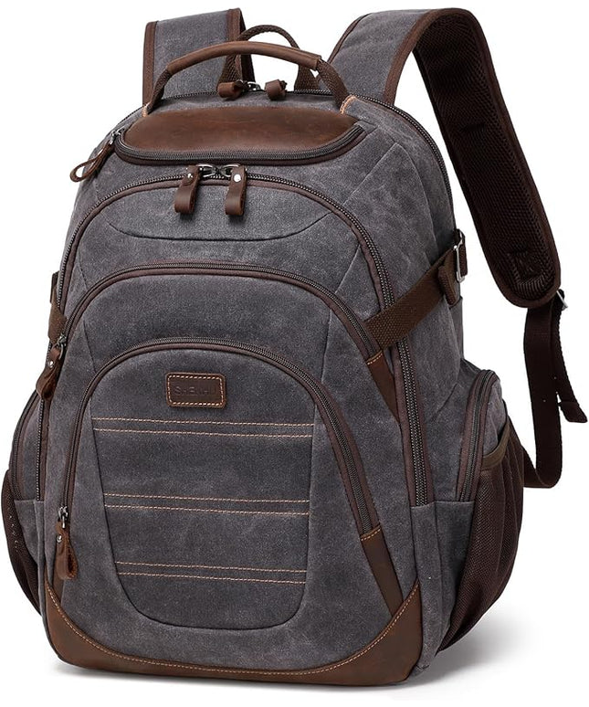 Travel Laptop Backpack 17.3 inch XL Computer Backpack for Men Waxed Canvas College Daypack Business Backpack Black Gray