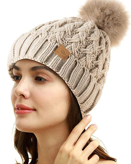 PAGE ONE Womens Winter Ribbed Beanie Crossed Cap Chunky Cable Knit Pompom Soft Warm Hat