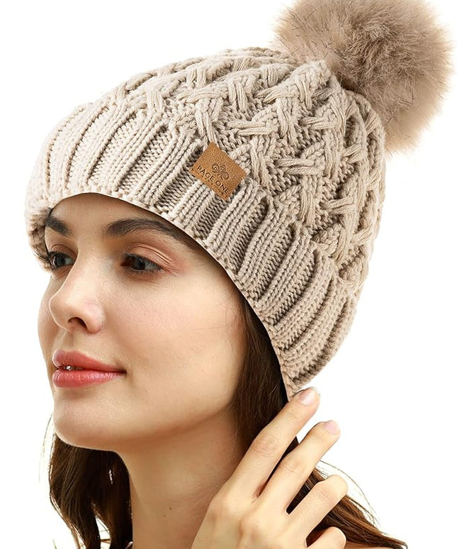 PAGE ONE Womens Winter Ribbed Beanie Crossed Cap Chunky Cable Knit Pompom Soft Warm Hat