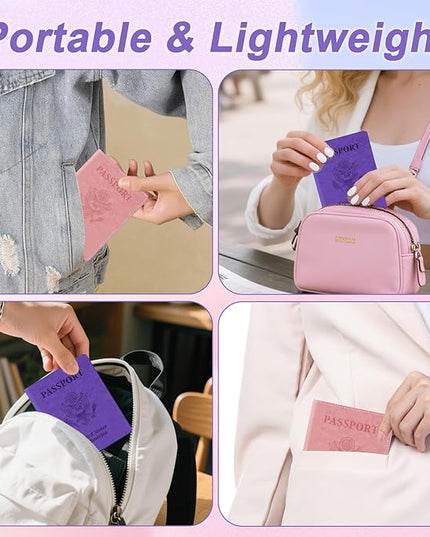 Passport Holder for Travel, 2 PCS Passport Holder, Travel Passport Holders Must Haves for Women Men, Pink and Purple Passport Cover Passport Wallet Case Holders for Travel Cruise Ship Essentials Gifts