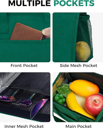 Fmeida Insulated Lunch Bag Women, 6.75L Small Lunch Bags with Multiple Pockets, Reusable Thermal Cooler Tote for Work, Office, Picnic, Travel | Hook and Loop Closure, Dark Green