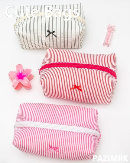 PAZIMIIK 2PCS Cozy Makeup Bag Small Aesthetic Travel Zipper Cosmetic Pouch for Women Make Up Beauty Accessories Brushes, Stripe Red