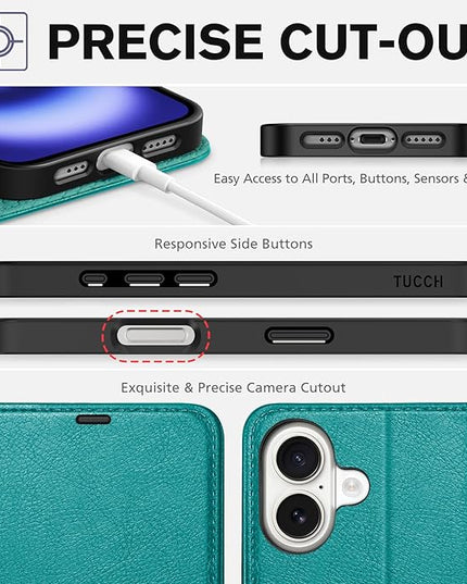 TUCCH Wallet Case for iPhone 16, [RFID Blocking] 4 Card Holder Kickstand [Shockproof TPU Interior Case] PU Leather Magnetic Closure Protective Flip Cover Compatible with iPhone 16 5G 2024, Cyan
