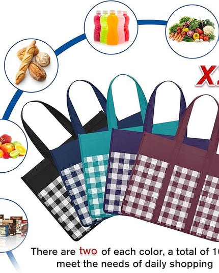 WISELIFE Reusable Grocery Shopping Bags 10 Pack Large Foldable Tote Bags Bulk, Long Handle for Shopping Groceries Clothes (Plaid C)