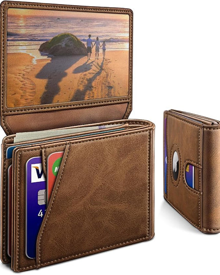 miyozi Airtag Wallet for Men,with Cash Pocket 2 ID Window 13 Cards,Slim Leather Wallet Front Pocket Card Holder RFID Blocking with Gift Box