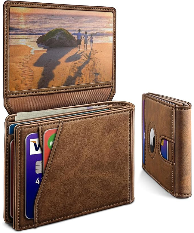 miyozi Airtag Wallet for Men,with Cash Pocket 2 ID Window 13 Cards,Slim Leather Wallet Front Pocket Card Holder RFID Blocking with Gift Box