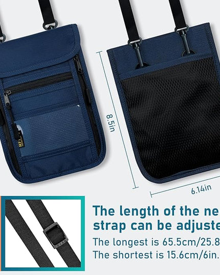sundee Travel Neck Wallet with Double Zippers, RFID Blocking Passport Holder with Adjustable Neck Strap for Men and Women to Keep Cash, Credit Cards and Travel Documents Safe - Navy Blue