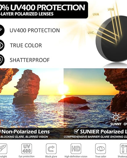Sunier Polarized Sunglasses for Men and Women, Retro Square Matte Finish UV400 Protection Shades for Driving, Fishing