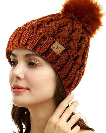 PAGE ONE Womens Winter Ribbed Beanie Crossed Cap Chunky Cable Knit Pompom Soft Warm Hat