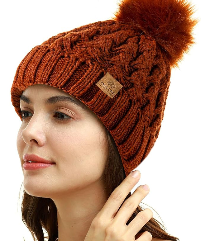PAGE ONE Womens Winter Ribbed Beanie Crossed Cap Chunky Cable Knit Pompom Soft Warm Hat
