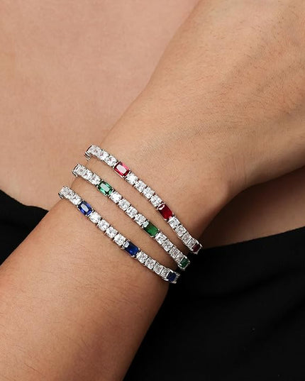 FANCIME Birthstone Bracelet for Women, Sterling Silver 4x6mm Gemstone Tennis Bracelet Bolo Adjustable Chain Fine Jewelry Birthday Gifts for Women Mom Wife Her