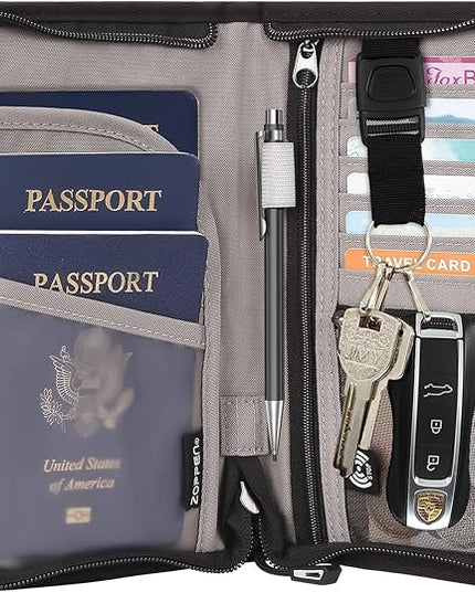 ZOPPEN Passport Holder Family RFID Passport Wallet, Passport Holder Women/Men, Travel Wallet Documents Organizer Zipper Case with Removable Wristlet Strap, Travel Essentials for Flying