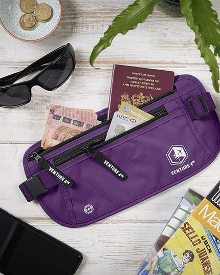 VENTURE 4TH Money Belt for Travel – Hidden Under-Clothes RFID Blocking Passport Holder & Slim Travel Wallet Pouch for Men & Women to Protect Cash, Cards & Documents (Purple)