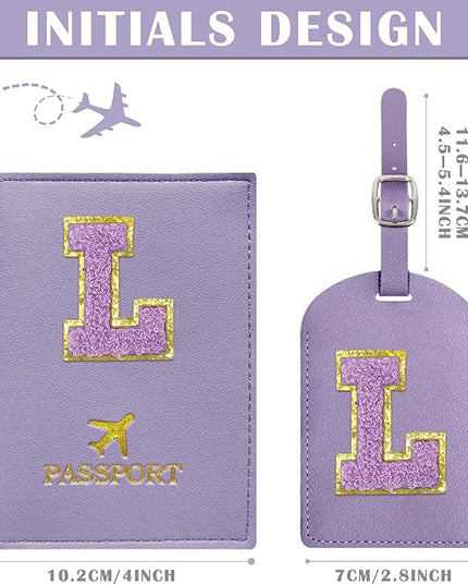 COSHAYSOO Initial Passport Cover Luggage Tag Set Letter Passport Holder Airplane Cruise Travel Essentials Vacation Traveling Accessories Personalized Gifts for Women Teen College Girls Purple L