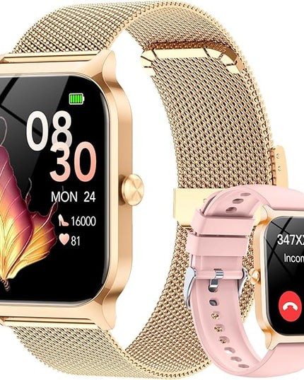 CASCHO Smart Watches for Women (Android/iOS), 1.85" HD Smart Watch with Calls/Messages/AI Voice Control, Sleep/Heart Rate, 120+ Sports Modes Fitness Tracker Watch, Gold & Pink Dual Strap
