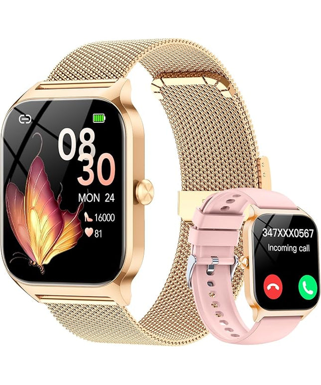 CASCHO Smart Watches for Women (Android/iOS), 1.85" HD Smart Watch with Calls/Messages/AI Voice Control, Sleep/Heart Rate, 120+ Sports Modes Fitness Tracker Watch, Gold & Pink Dual Strap