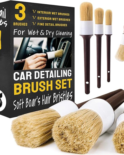 Soft Boar Hair Car Detailing Brush Set - 3-Pack, Brown - Car Detailing Kit for Versatile Uses - Soft Bristles Cleaning Brush - Water-Resistant Handles