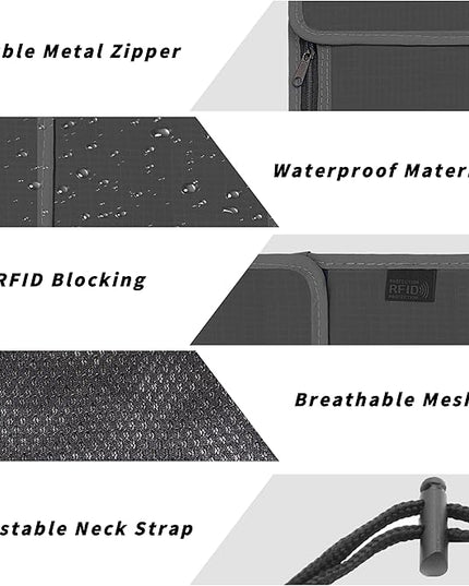 Travel Neck Wallet with RFID Blocking – Passport Holder Organizer Neck Pouch – Portable Easy to Conceal Travel Pouch (Gray)