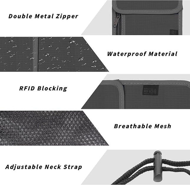 Travel Neck Wallet with RFID Blocking – Passport Holder Organizer Neck Pouch – Portable Easy to Conceal Travel Pouch (Gray)