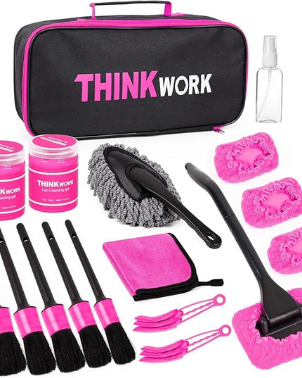 THINKWORK Pink Car Duster Interior Kit, Perfect Car Detailing Brush Kit for Cleaning Windows,Windshield,Dashboard and Air Vents Suitable for All Cars