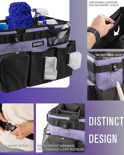 Wearable Cleaning Caddy Bag, Cleaning Caddy Supplies Organizer with Handle & Shoulder Straps for Housekeepers, Under Sink & Car Cleaning Tool Organizers with 4 Foldable Divider (Purple)