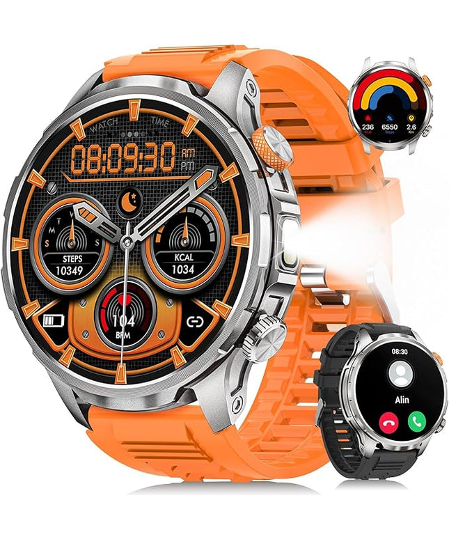 Smart Watches for Men, Military Smart Watch with 100 Days Battery/Flashlight/Heart Rate/Sleep/SpO2 Monitor/Calling/110+ Sports Mode, 5 ATM Rugged Men's Fitness Tracker Watch for Android iPhone(Silver)