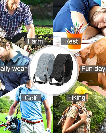 JASGOOD Men Canvas Fabric Belts Casual Web Cloth Belts with Black Double Ring Buckle 2 Pack