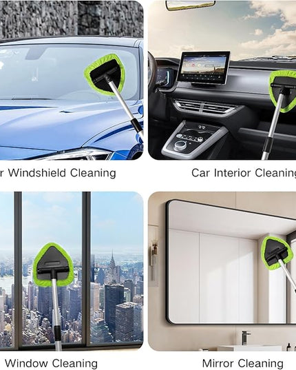 11pcs Windshield Cleaner Tool, Car Window Cleaning Wash Kit with 6 Reusable Microfiber Pads 2 Spray Bottles and Extendable Handles Auto Glass Wiper Kit, Green