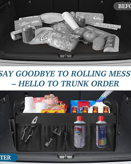 Trunk Organizer, Collapsible Waterproof car Trunk Organizer for SUVs & Sedans, Car Storage Organizers with Reinforced Handles, Car Accessories for Women and Men, 2 Compartments, 52L, Black