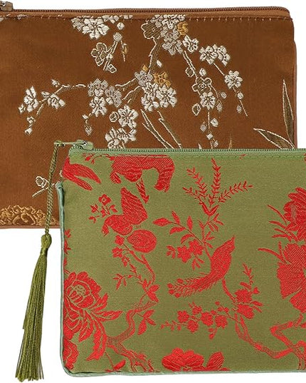 kilofly 2 pc Chinese Silk Brocade Padded Tassel Zipper Jewelry Bag Gift Pouch set2 D