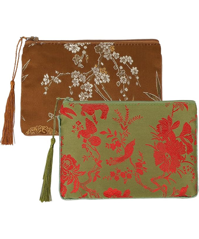 kilofly 2 pc Chinese Silk Brocade Padded Tassel Zipper Jewelry Bag Gift Pouch set2 D