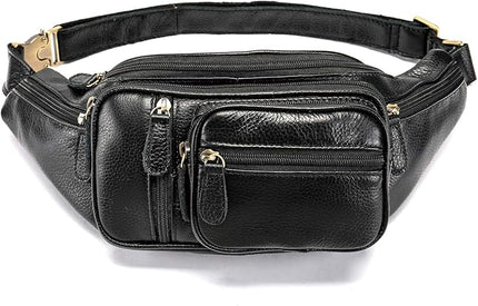 Genuine Leather Fanny Pack large capacity Crossbody Waist Bag with Zipper phone Pockets black