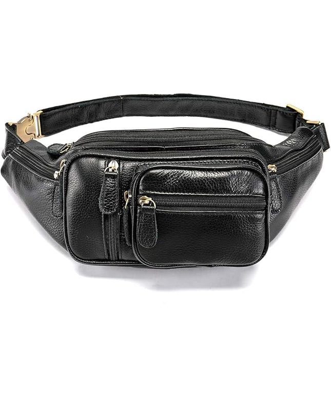 Genuine Leather Fanny Pack large capacity Crossbody Waist Bag with Zipper phone Pockets black