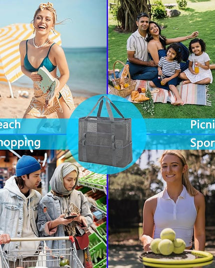 Mesh Beach Bag, Large Beach Tote with Zipper Pocket, Toys Pool Bag for Family Travel Vacation Cruise Essentials