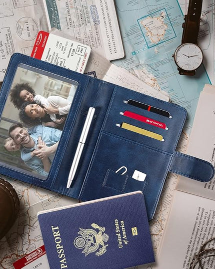RSAquar Passport Holder for Women and Men, Premium PU Leather Travel Passport Wallet RFID Blocking Passport Cover Travel Documents Organizer with Pen Holder, Blue