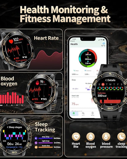 Military Smart Watch for Men(Answer/Calls),1.43''AMOLED Screen,500mAh 5ATM Waterproof,170 Sports Modes, Fitness Tracker Watch with Heart Rate/SpO2/Blood Pressure for Android/iOS,Smartwatch Black