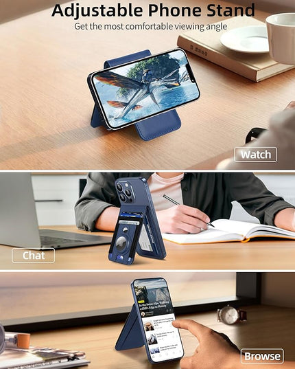 For Magsafe Wallet Stand with Airtag Holder, Strongest Magnetic Phone Wallet for iPhone 17/16/15/14/13/12 Series, ID Window, 4 Card Slots, 10 Cards Holder, Vegan Leather, RFID Blocking, Navy Blue
