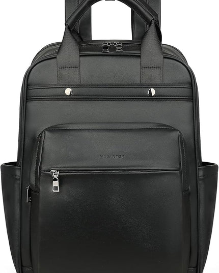 MASINTOR Leather Laptop Backpack for Women, Stylish Computer Backpack College Business Work Shoulder Bags Work and Travel Black