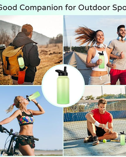 DOMICARE 32 oz Insulated Water Bottle Bulk, Vacuum Insulated Stainless Steel Sports Water Bottle with Straw Lid & Spout Lid, Leakproof, Reusable - Travel, Camping, Bike, Green Gradient (8 Pack)