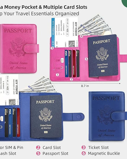 2 Pack Passport Holder for Travel with Slot for Tracker Device & Luggage Tag Cover, RFID Blocking Passport Holder for Women & Men | PU Leather Passport Cover Case with Pocket, Blue & Pink