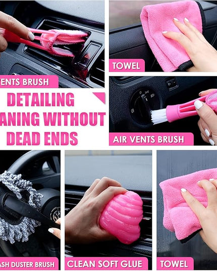 Viewsun 17pcs Car Cleaning Kit, Pink Car Interior Detailing Kit with High Power Handheld Vacuum, Detailing Brush Set, Windshield Cleaner, Cleaning Gel, Complete Auto Accessories for Women Gift