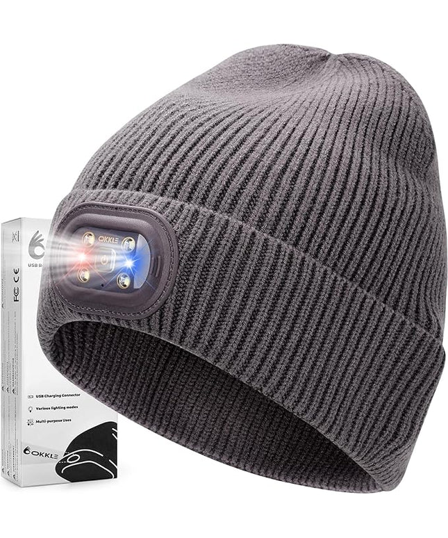 OKKLE Unisex LED Beanie with Light, USB Rechargeable Headlamp Hat, Winter Gifts for Men Women Husband Him Dark Grey
