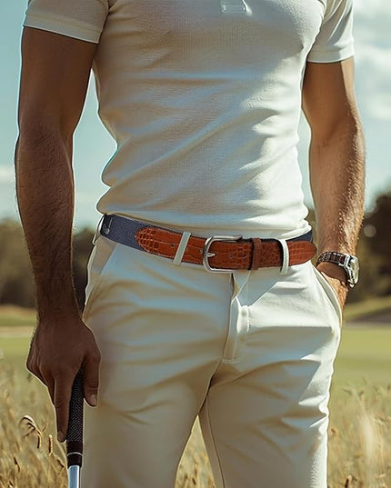 Mile High Life Golf Belts for Men, Canvas Belt with Genuine Leather Tips, Embroidered 2 Layer Web Belt with Pin Buckle