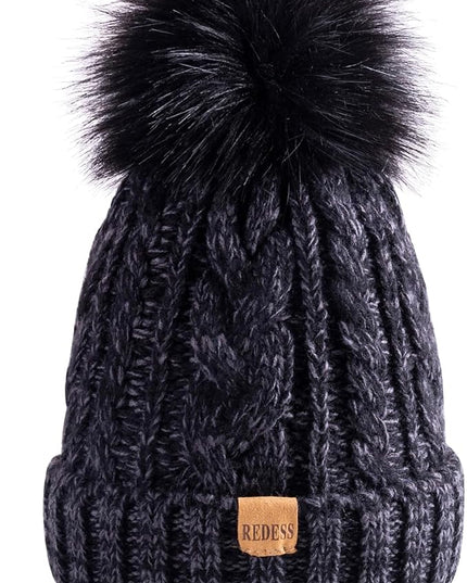 REDESS Women Winter Pompom Beanie Hat with Warm Fleece Lined, Thick Slouchy Snow Knit Skull Ski Cap
