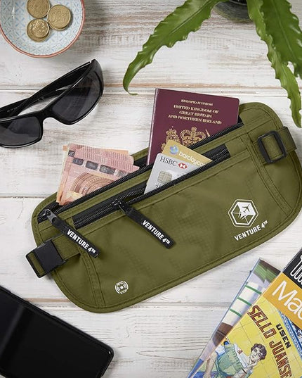 VENTURE 4TH Money Belt for Travel – Hidden Under-Clothes RFID Blocking Passport Holder & Slim Travel Wallet Pouch for Men & Women to Protect Cash, Cards & Documents (Green)