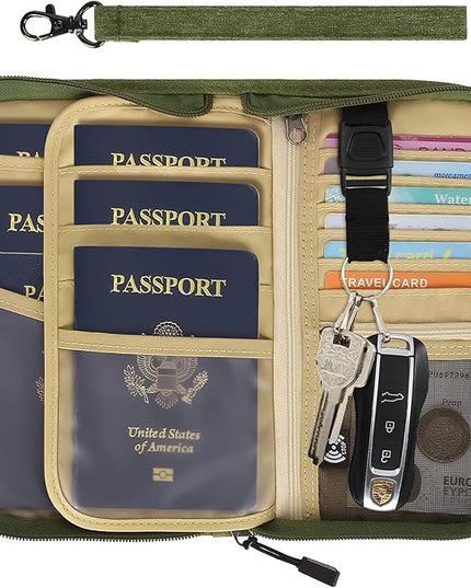 ZOPPEN Passport Holder Family RFID Passport Wallet, Passport Holder Women/Men, Travel Wallet Documents Organizer Zipper Case with Removable Wristlet Strap, Travel Essentials for Flying